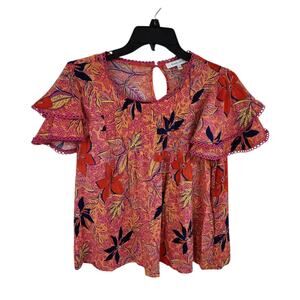 ROSE + OLIVE Blouse Top Large Tiered Flutter Sleeve Tropical Popover Pink Red